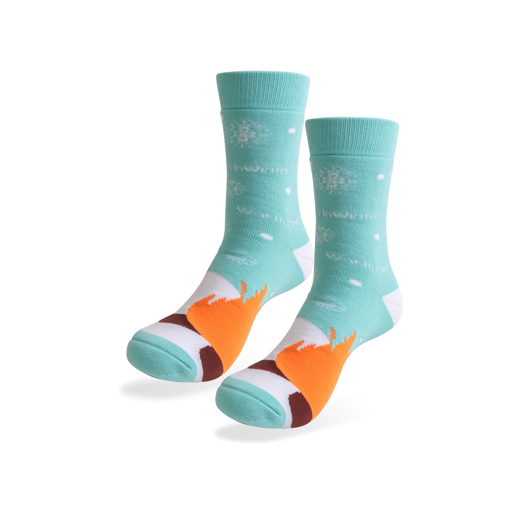 A pair of turquoise thermal socks featuring a playful fox design with white snowflakes. Includes branding on the cuff. Crew Thermal Custom Pattern Socks - Image 1