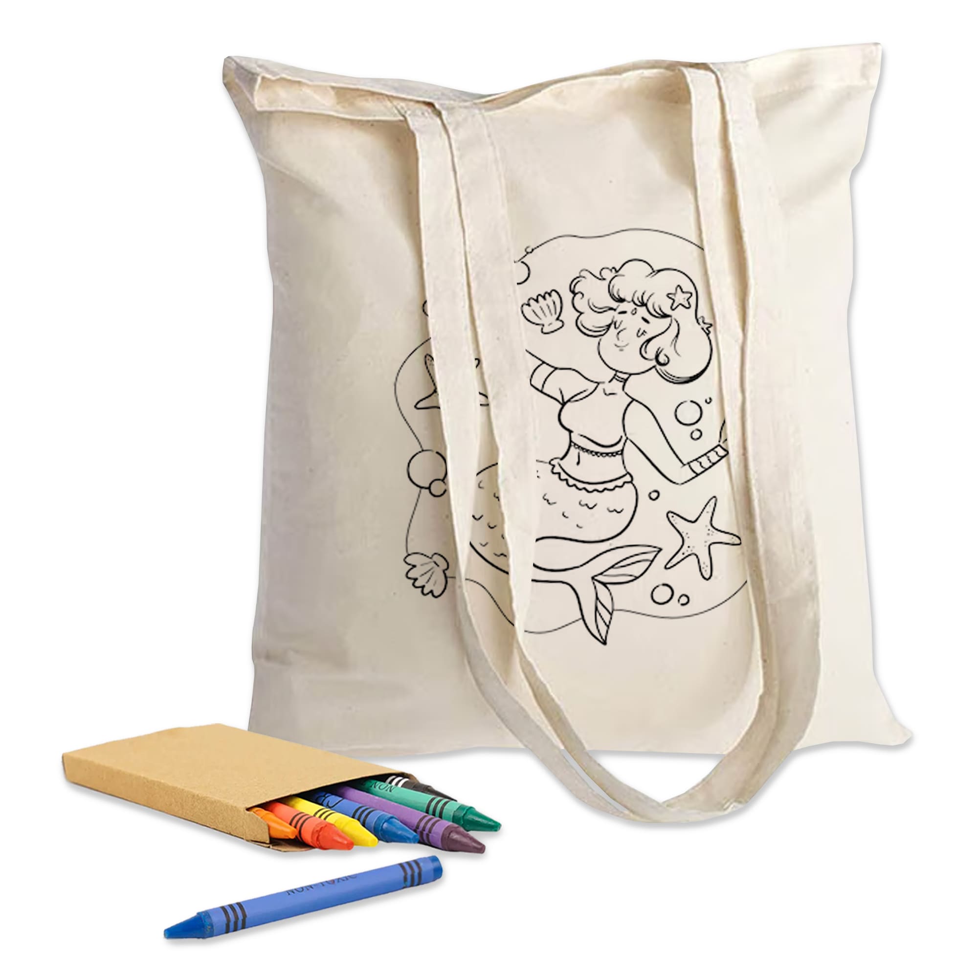 A cream calico tote bag with colouring design, accompanied by crayons and a notebook. Colouring Long Handle Calico Shopper - Image 1
