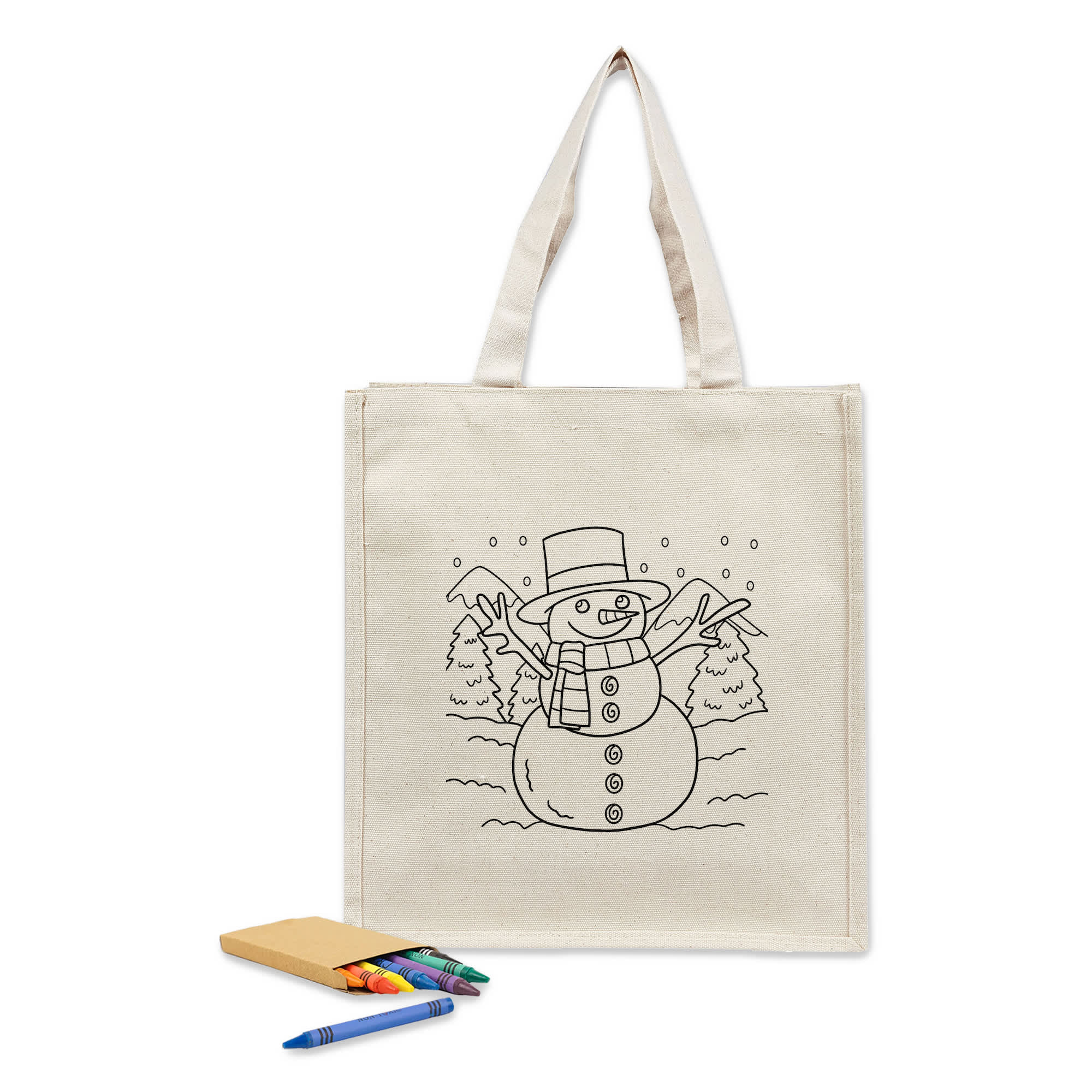 A beige canvas tote bag featuring a colouring design of a snowman, with a set of colouring markers and a notepad. Colouring Executive Canvas Tote Bag - Image 1