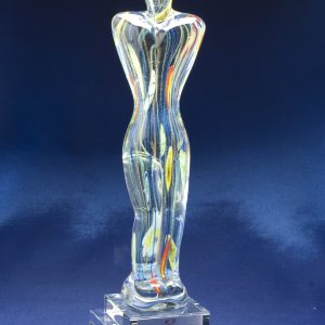 Art Glass Trophy - Coloured Glass Figurine with Double Base & Printed Plate