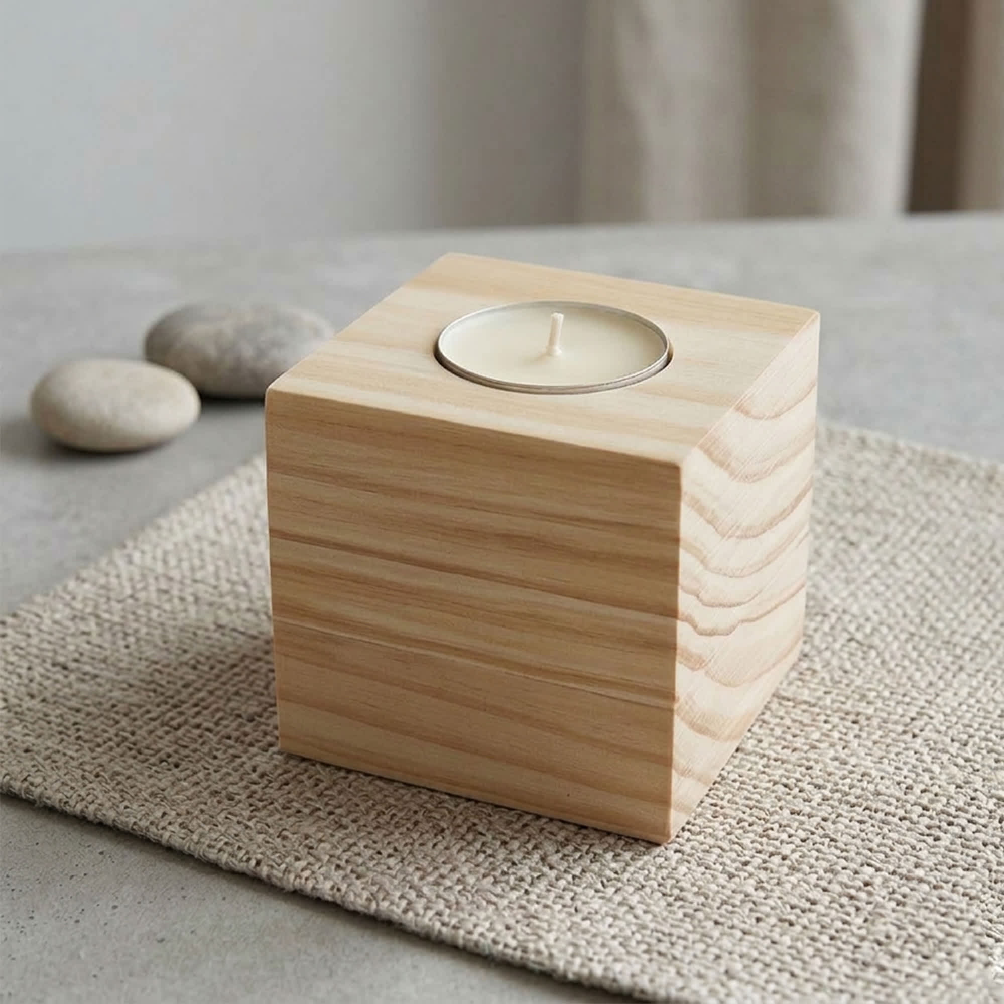 A square wooden candle holder with a light-coloured wood finish and a small white candle on top, placed on a textured surface. Wood Cube Candle - Image 1
