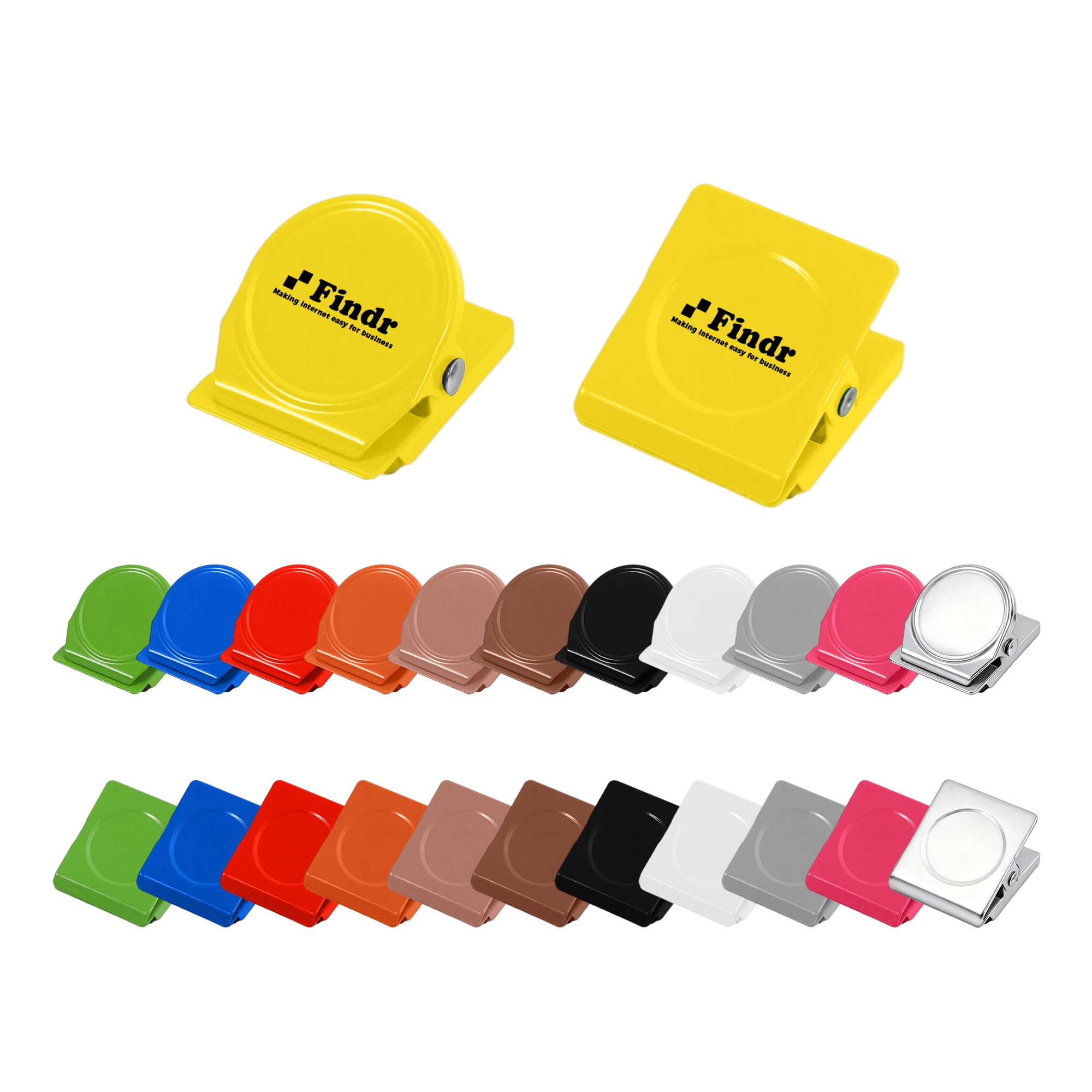 A variety of metal magnetic clips in multiple colours, including yellow, red, blue, and black, with a logo. Metal Magnetic Clips - Image 1
