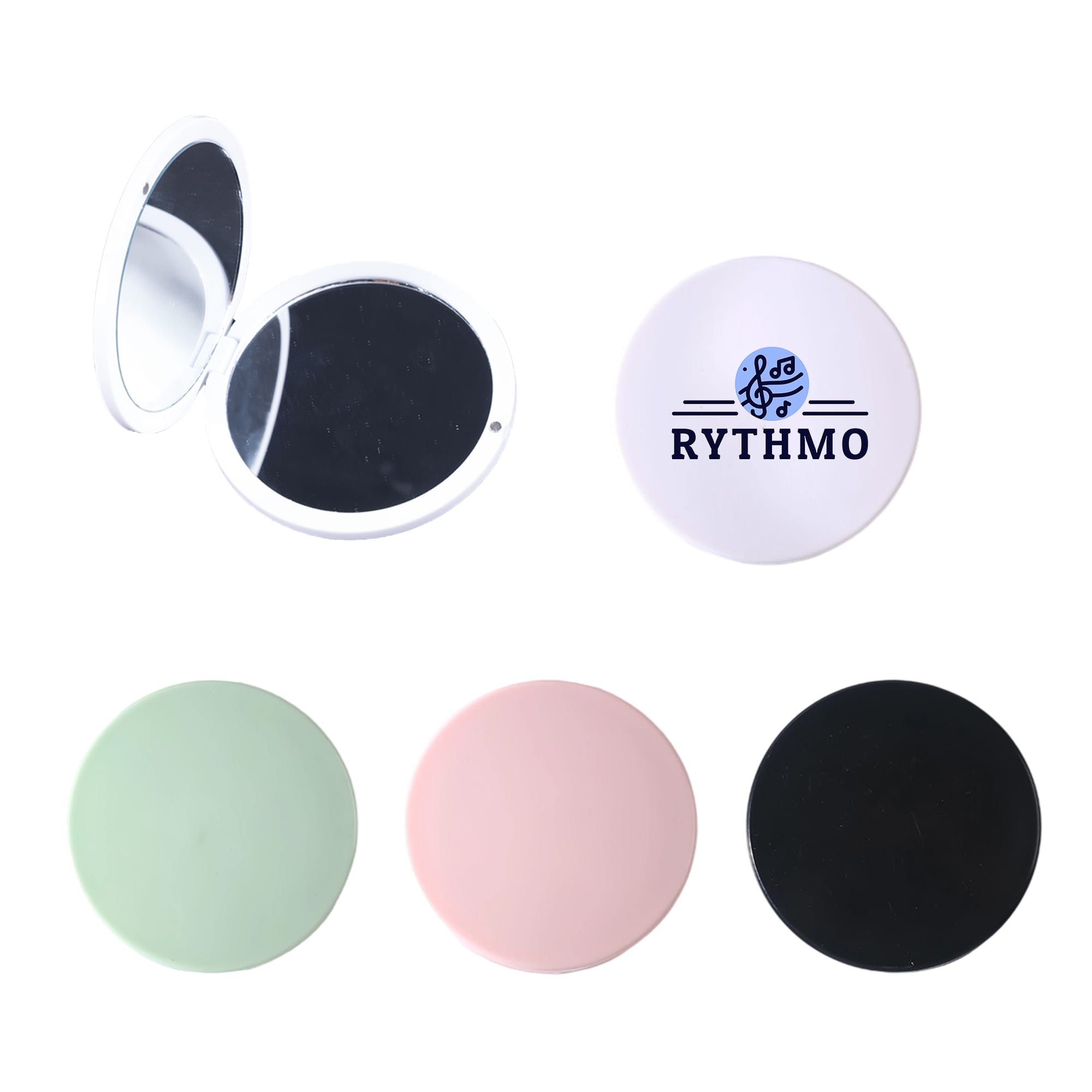 A double-sided round mirror featuring four colour options: green, pink, black, and white with a branding logo. Double Sided Round Mirror - Image 1