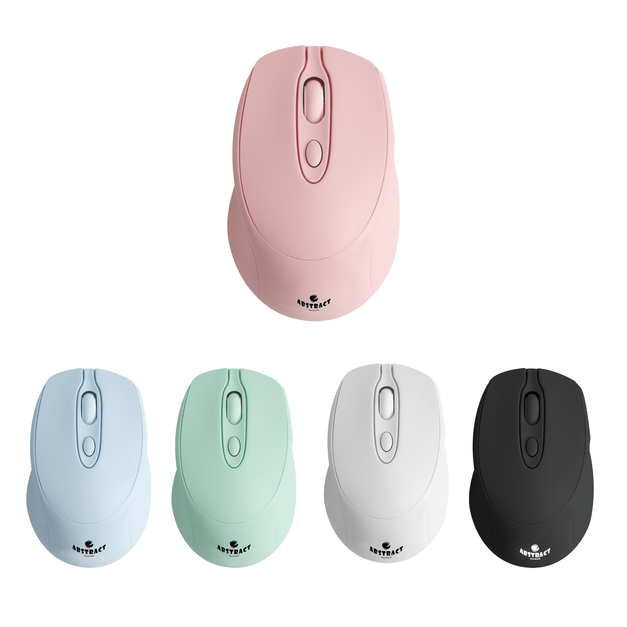 A wireless mouse in pink, blue, green, white, and black, featuring a logo on each. Wireless Mouse - Image 1