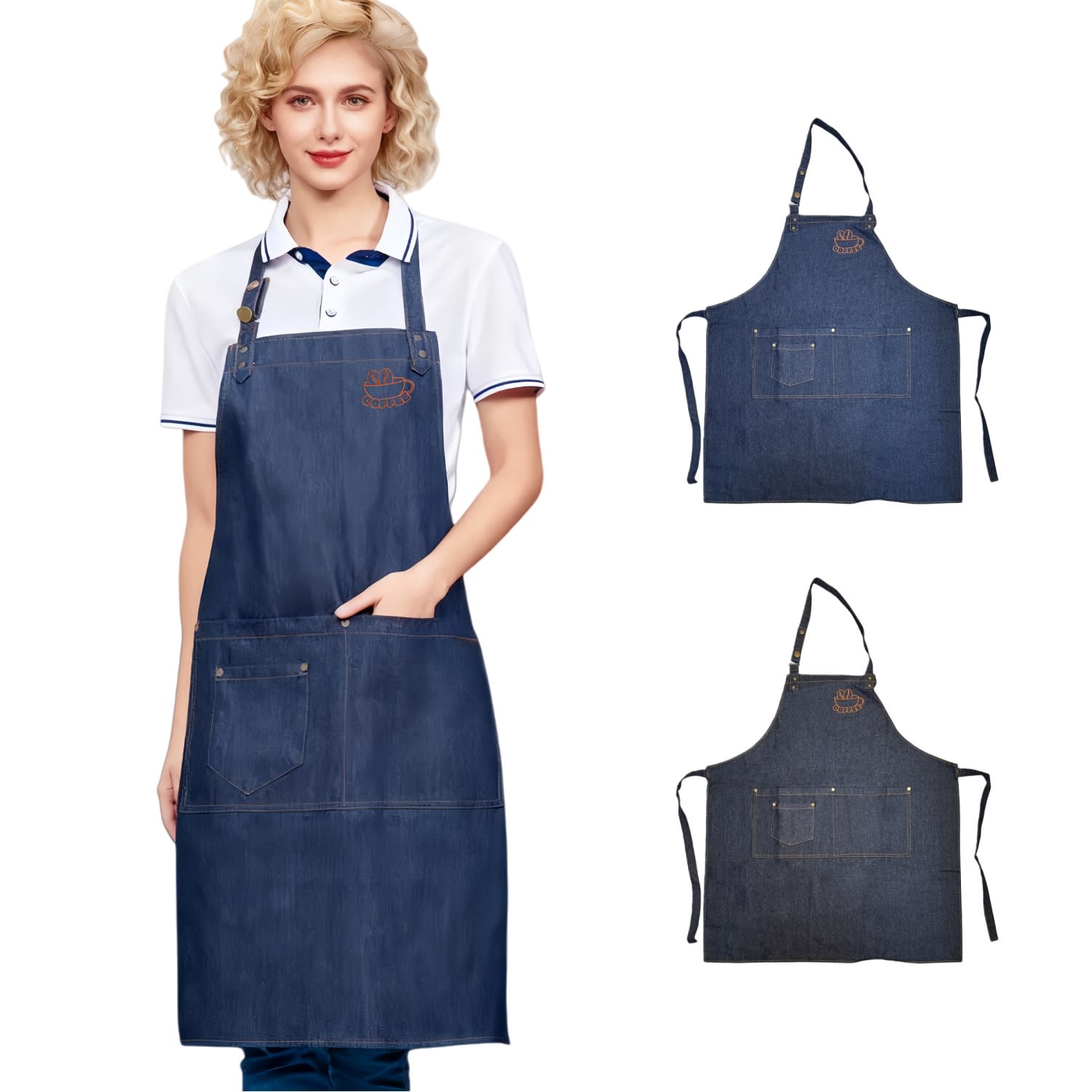 A denim full bib apron in dark blue with a neck strap and front pockets, featuring a logo. Poly-Cotton Denim Full Bib Apron With Neck Strap - Image 1
