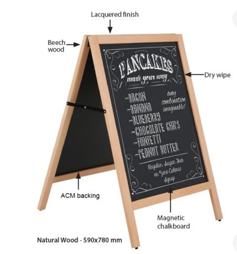 A wooden A-frame sign with a lacquered finish, featuring a magnetic chalkboard for messages and a dry wipe surface. Chalk Board A-Board /A-Frame/A Frame/Magnetic - Image 1