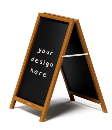A wooden A-frame display with a black interchangeable chalkboard on both sides. It features a logo on one side. Interchangeable Chalk Board/ Corflute A-Frame - Image 1