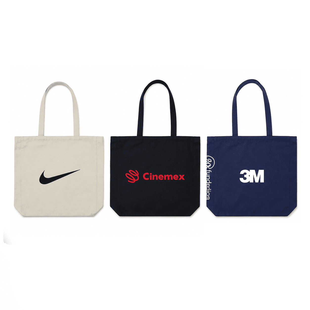 Three tote bags in various colours: a beige bag with a logo, a black bag with a logo, and a navy bag with a logo. Lamar Recycled Large Tote Bag - Image 1