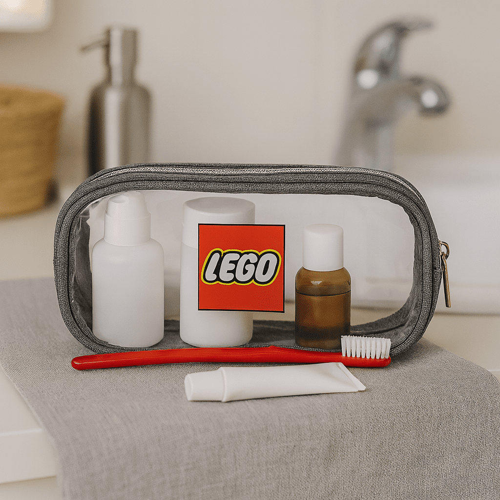 A grey clear travel case containing a toothbrush, toiletry bottles, and a tube, with a logo visible on the front. Clear Travel Case - Image 1