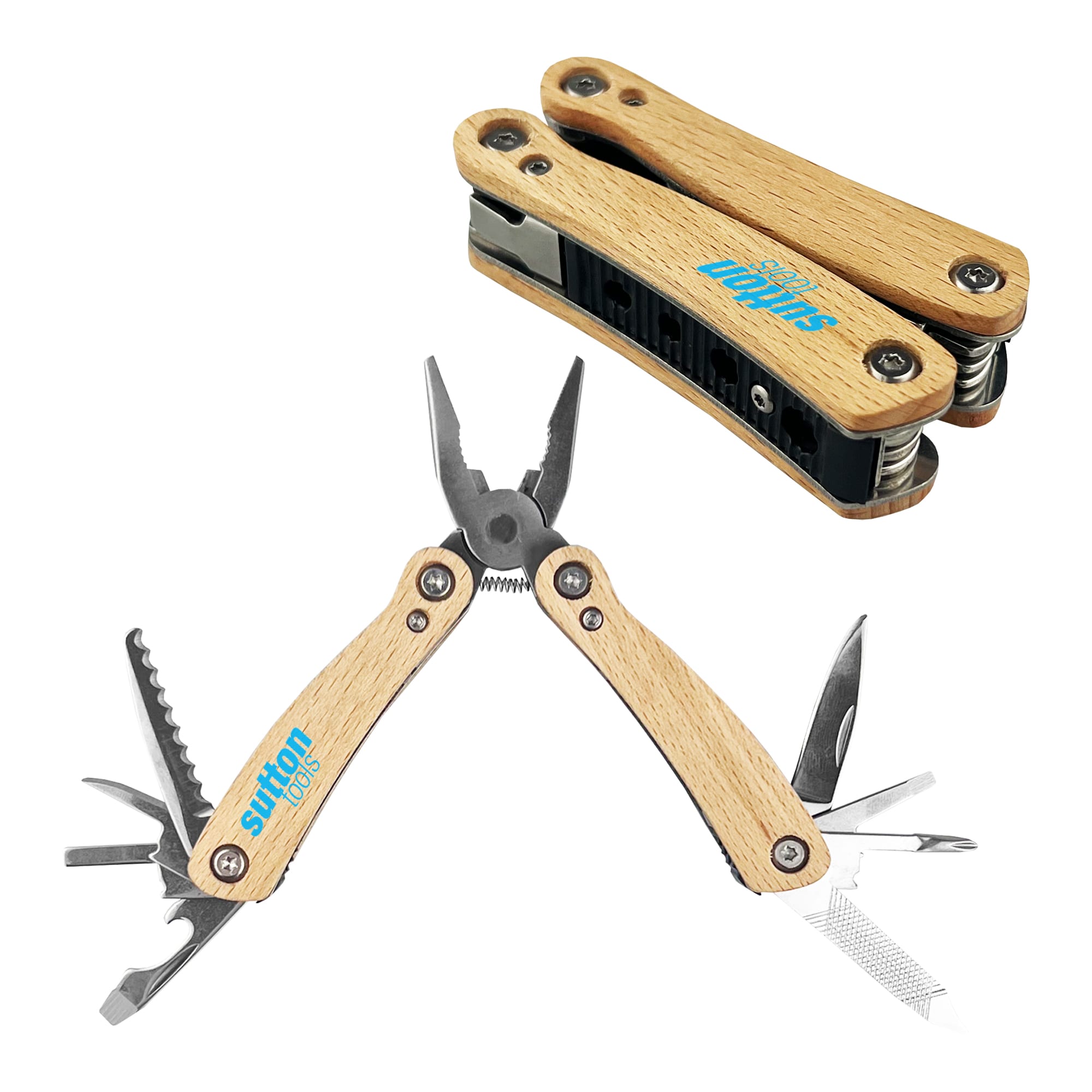 A compact multi-tool with wooden handles, featuring pliers, blades, and various tools. Includes a logo. Elk Ridge Compact Knife - Image 1