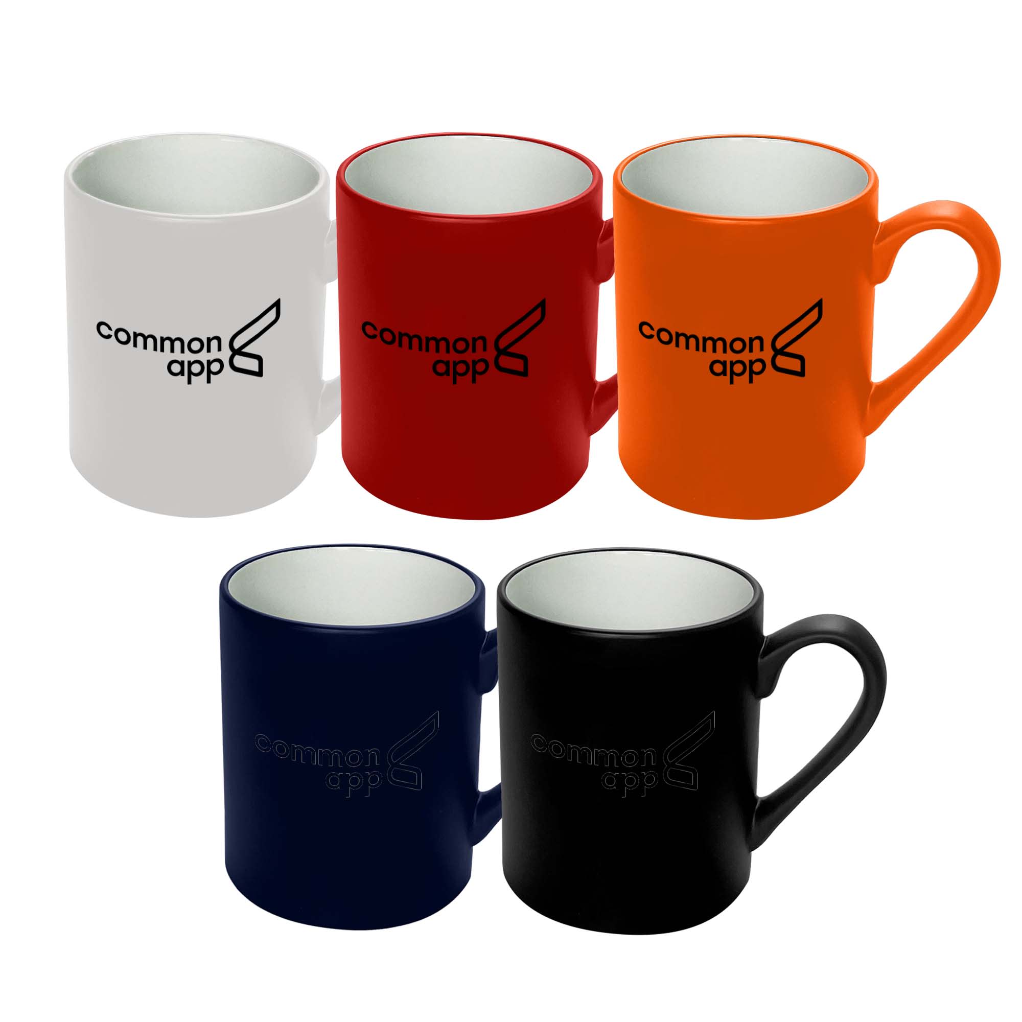 A set of coffee mugs in white, red, orange, navy, and black, featuring a logo on each mug. Nevis Coffee Mug - Image 1
