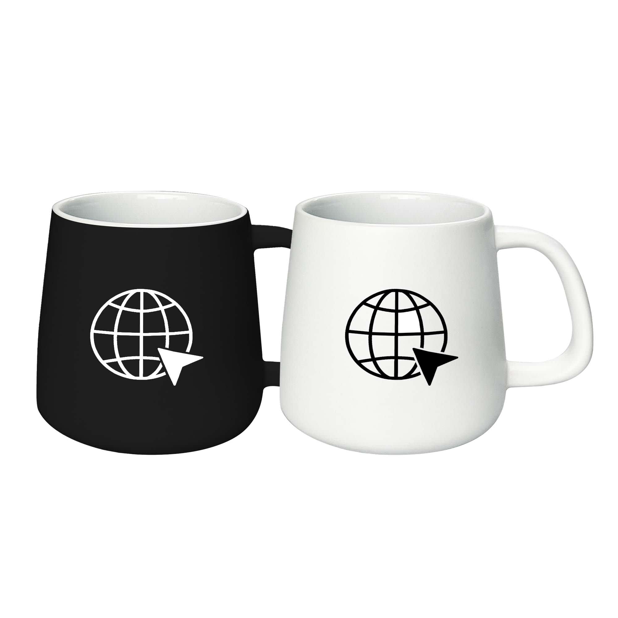 A set of two coffee mugs in black and white featuring a globe design and a visible logo. Bologna Coffee Mug - Image 1
