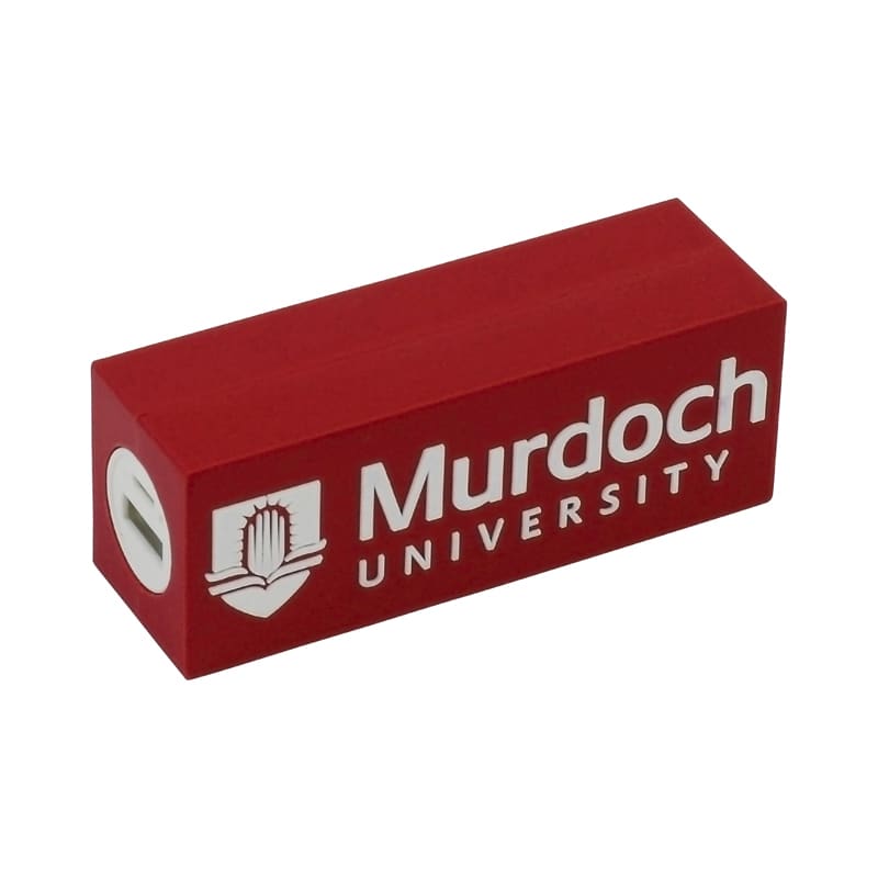 A red custom power bank with a logo featuring the name "Murdoch University". Custom Power Bank - Image 1