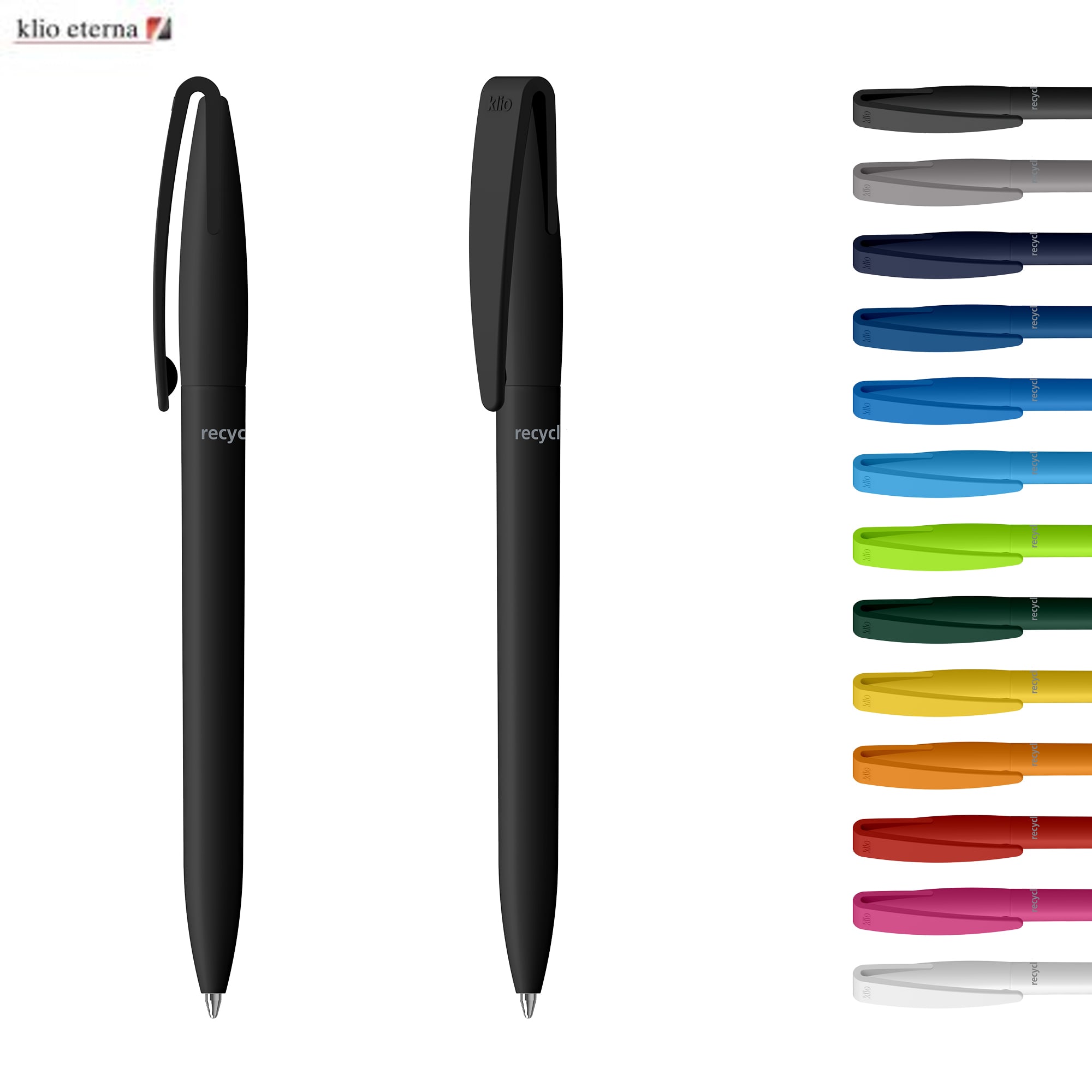 Two black plastic pens, featuring a logo, alongside a selection of colourful pens in various shades. Cobra Matt Recycling - Image 1