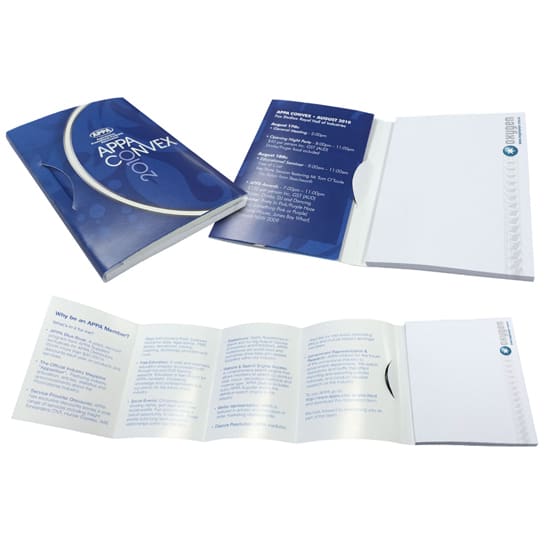 A blue promotional pamphlet with a cover, featuring blank note pages inside and a branding logo. Pamphlet note 4c cover 4c 100 x75mm pad - Image 1