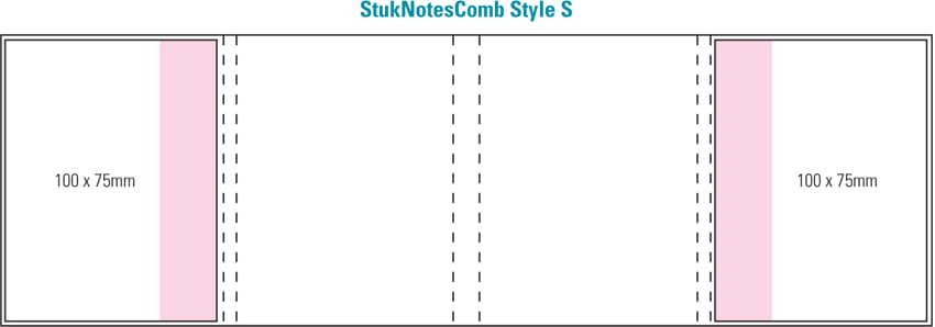 A layout design for a product with four pink combo pads, each measuring 100 x 75mm, featuring dashed lines for folding. CPSlamwhite4/4c2p - Image 1