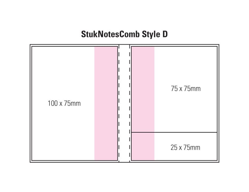 A diagram of a laminated combination pad featuring a four-colour cover with sections of varying sizes in pink and white. Combination D Laminated 4 Colour Cover 2 Col Pad - Image 1