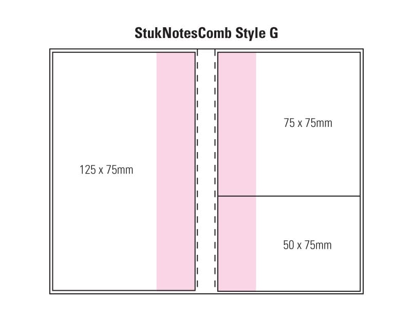 A layout graphic featuring a combination pad design with dimensions for sections in pink and black outlines. Combination G Laminated 4 Colour Cover 1 Col Pad - Image 1