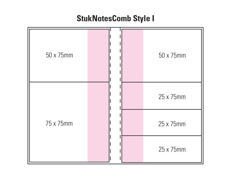 A Combo Pad design featuring a laminated four-colour cover with various note sizes in pink and white. Combination I Laminated 4 Colour Cover 2 Col Pad - Image 1