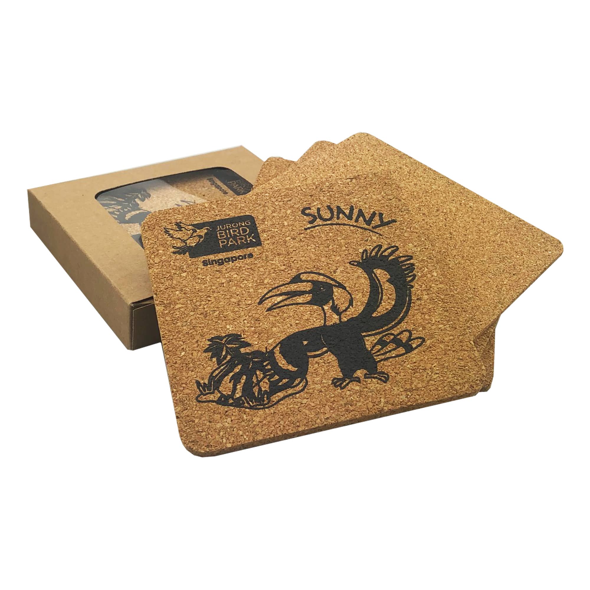 A square set of four cork coasters featuring a bird design, packaged in a brown box. Vineyards Cork Coaster Square Set of 4 - Image 1