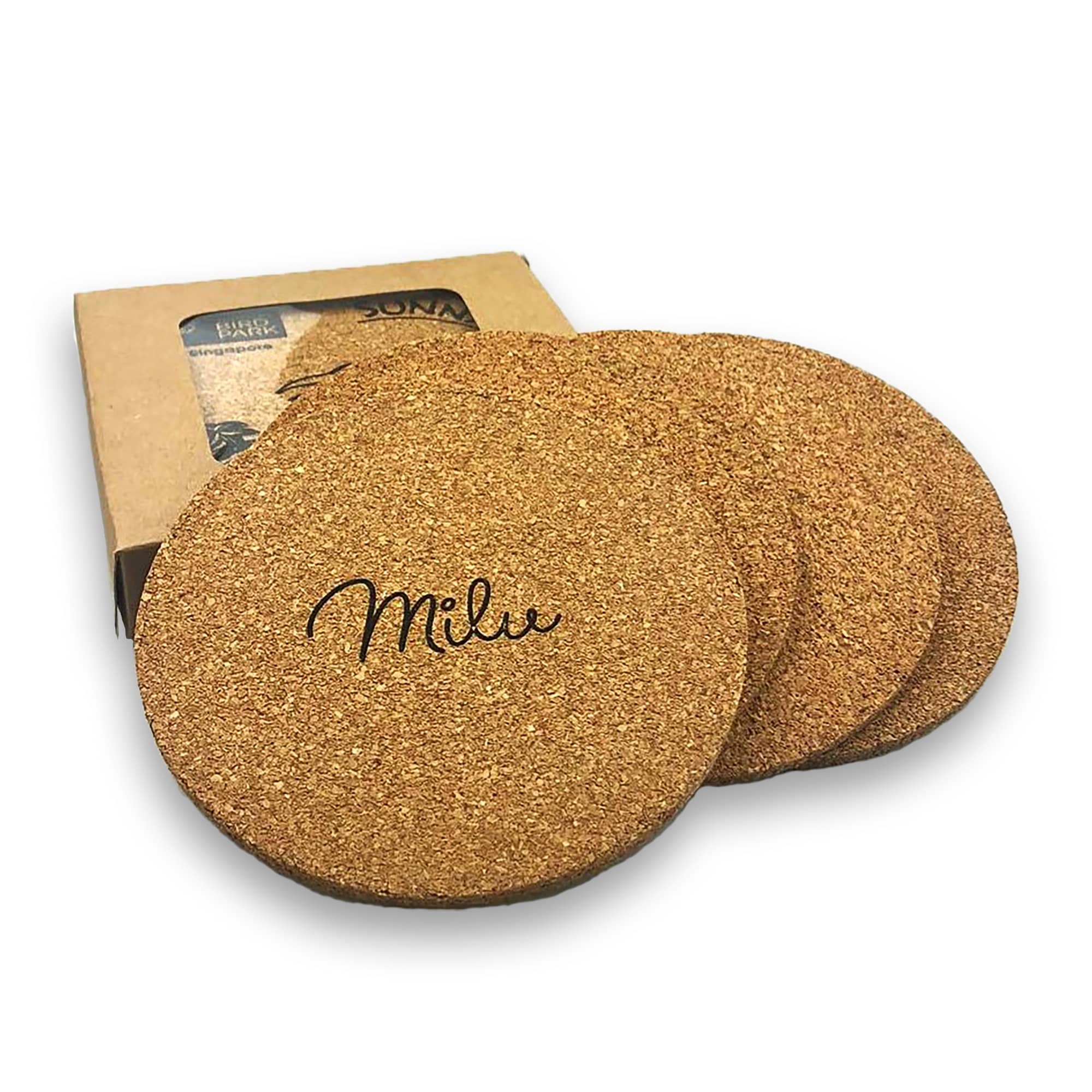 A set of four round cork coasters in a natural colour, packaged with a box featuring a logo. Vineyards Cork Coaster Round Set of 4 - Image 1