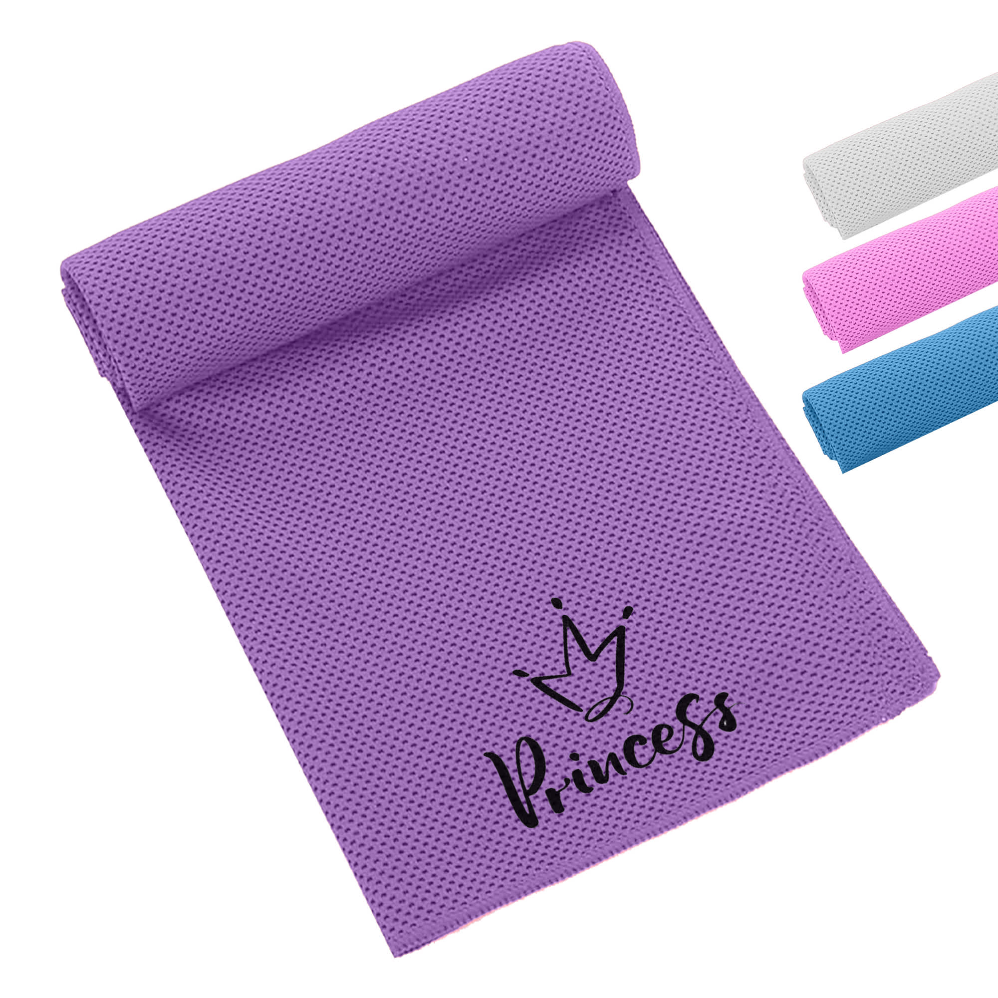 A purple cooling towel with a textured surface and a logo, alongside towels in white, pink, and blue. Cooling Towel SL - Image 1