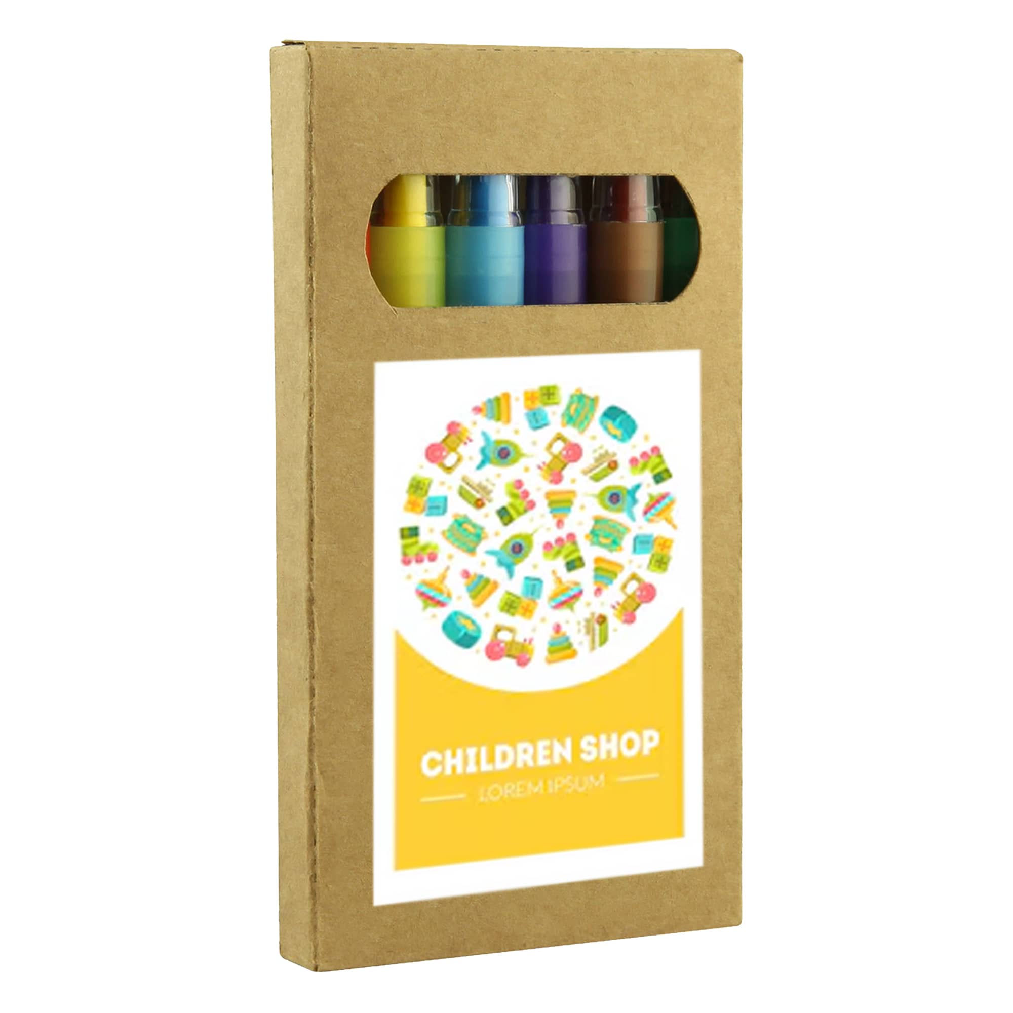 A set of six twist crayons in various colours, packaged in a cardboard box with a logo and playful design. Turin 6CT Twist Crayon Set - Image 1