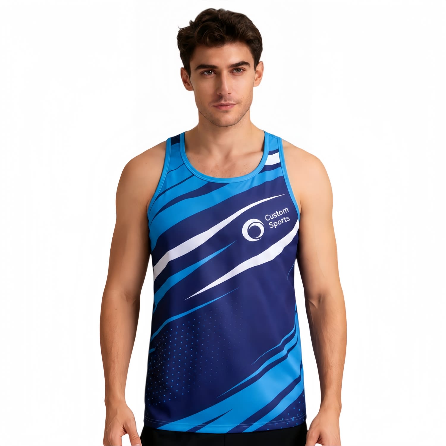 A man wearing a blue and navy sublimated sports singlet with a logo on the front. 100% Polyester Sublimated Sports Singlet - Image 1