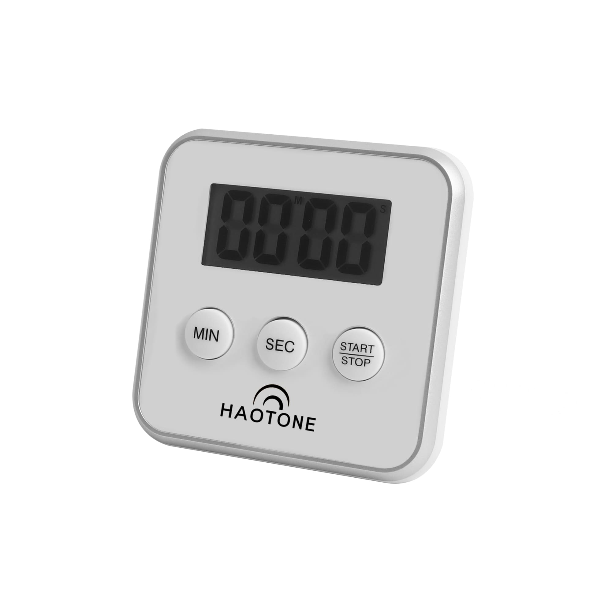 A digital kitchen timer in white, featuring a large display and three control buttons, with a logo visible. Digital Kitchen Timer - Image 1