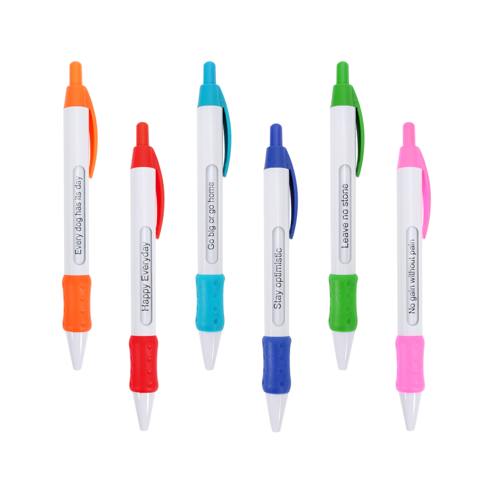 A set of six colourful pens with various message options and grips, including orange, pink, blue, green, and white. Spin Message Pen - Image 1