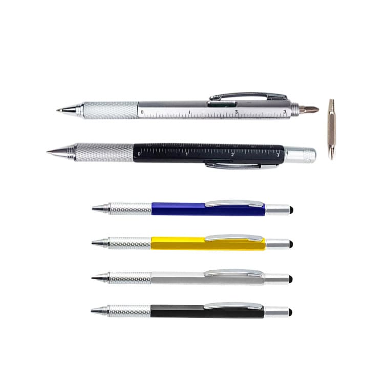 A selection of multi-function metal pens in silver, black, blue, yellow, and grey, featuring varying designs and a logo. Multi-Function Pen - Image 1
