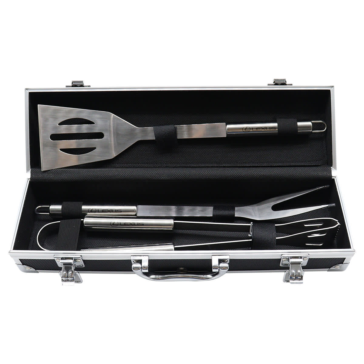 A stainless steel BBQ set with spatula, fork, and tongs in a sleek black deluxe case. BBQ Set in Deluxe Case - Image 1