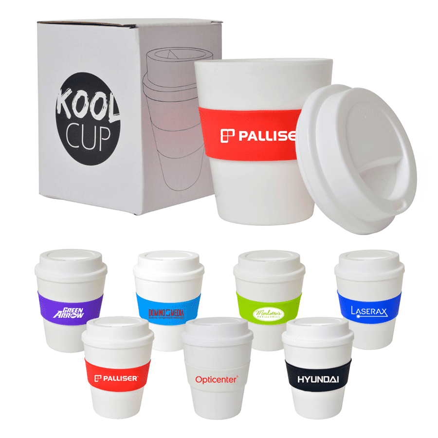 A set of large white drink cups with colourful branded sleeves in various designs, packaged in a box. Kool 355mL Cup (Large) - Image 1