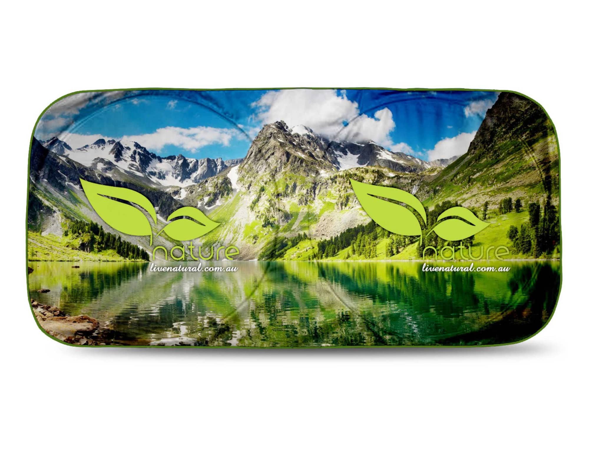 A sunshade featuring a vibrant mountain landscape with a lake, predominantly green and blue in colour, and includes a logo. Dash-Mate Sunshade - Full Colour IND Sea - Image 1