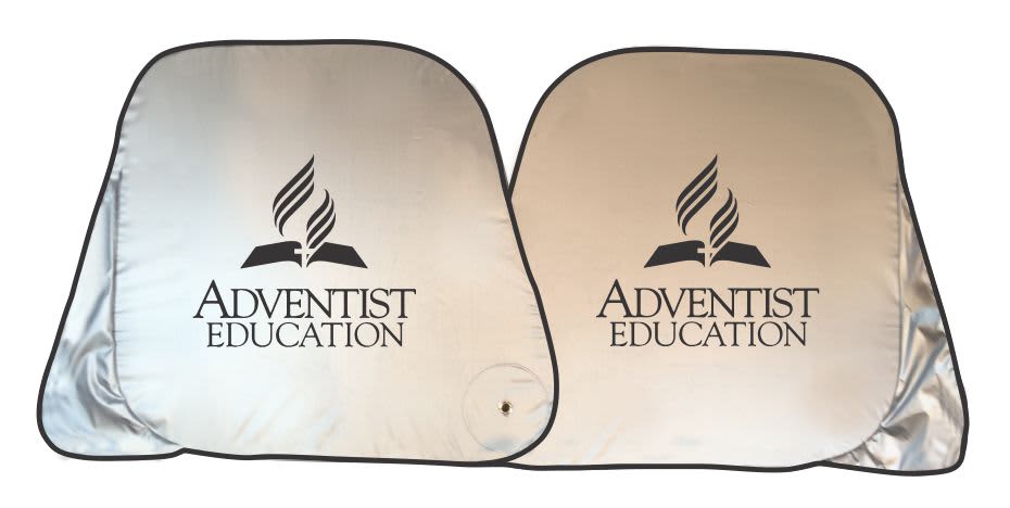 A silver sunshade with a black trim and logo, featuring a stylised book and flame design. Ezi-Fold Sunshade - INDENT - Image 1