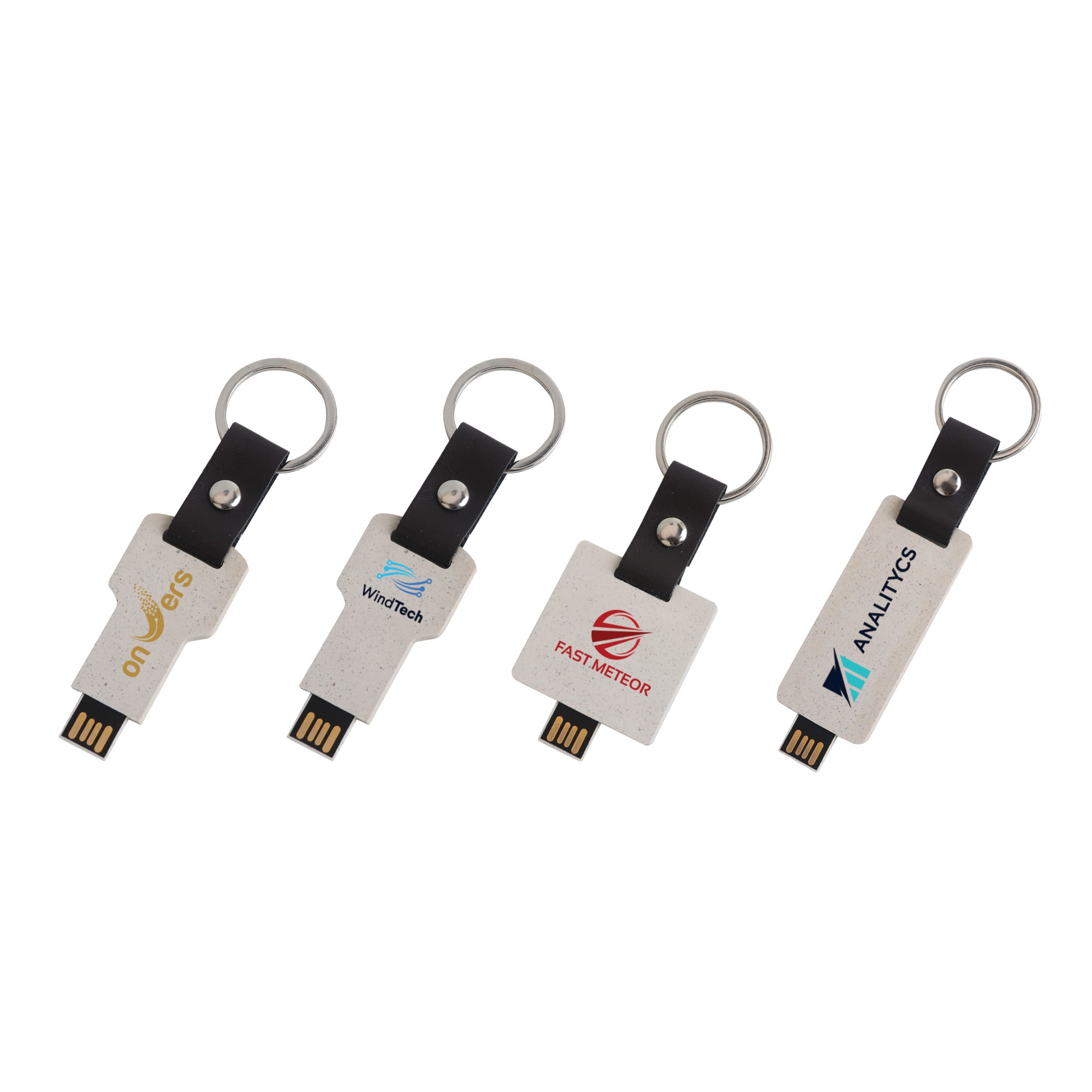 A set of eco-friendly mini flash drive keychains in white with various logos, featuring a black attachment loop. Eco Mini Flash Drive Keychain - Image 1