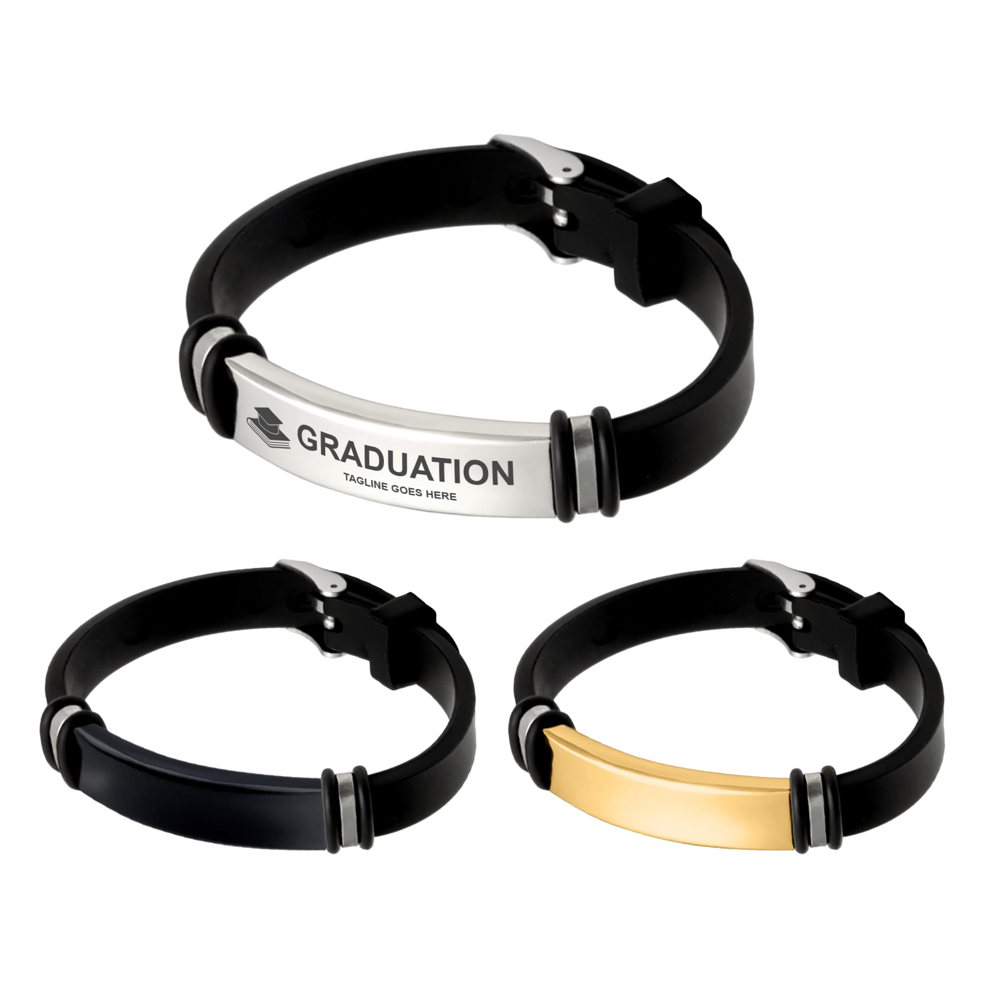 A set of engraved bracelets in silver, black, and gold finishes, featuring a logo on the clasp. Engraved Bracelet - Image 1