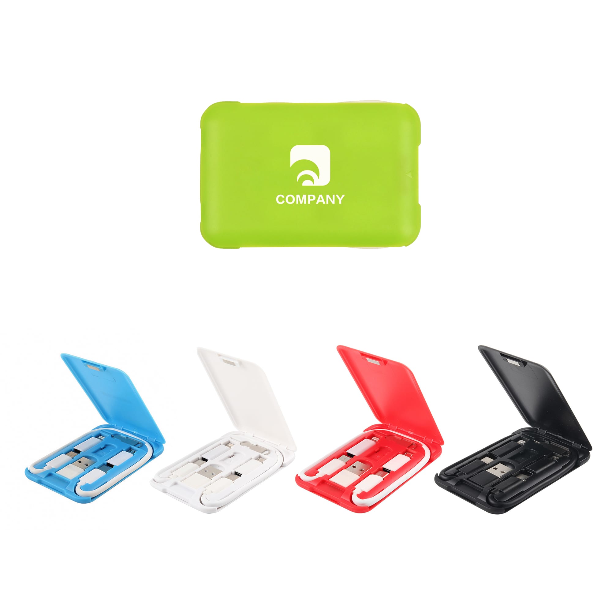A multifunctional cable case in green, with additional options in blue, white, red, and black, featuring a logo. Multifunctional Cable Case - Image 1