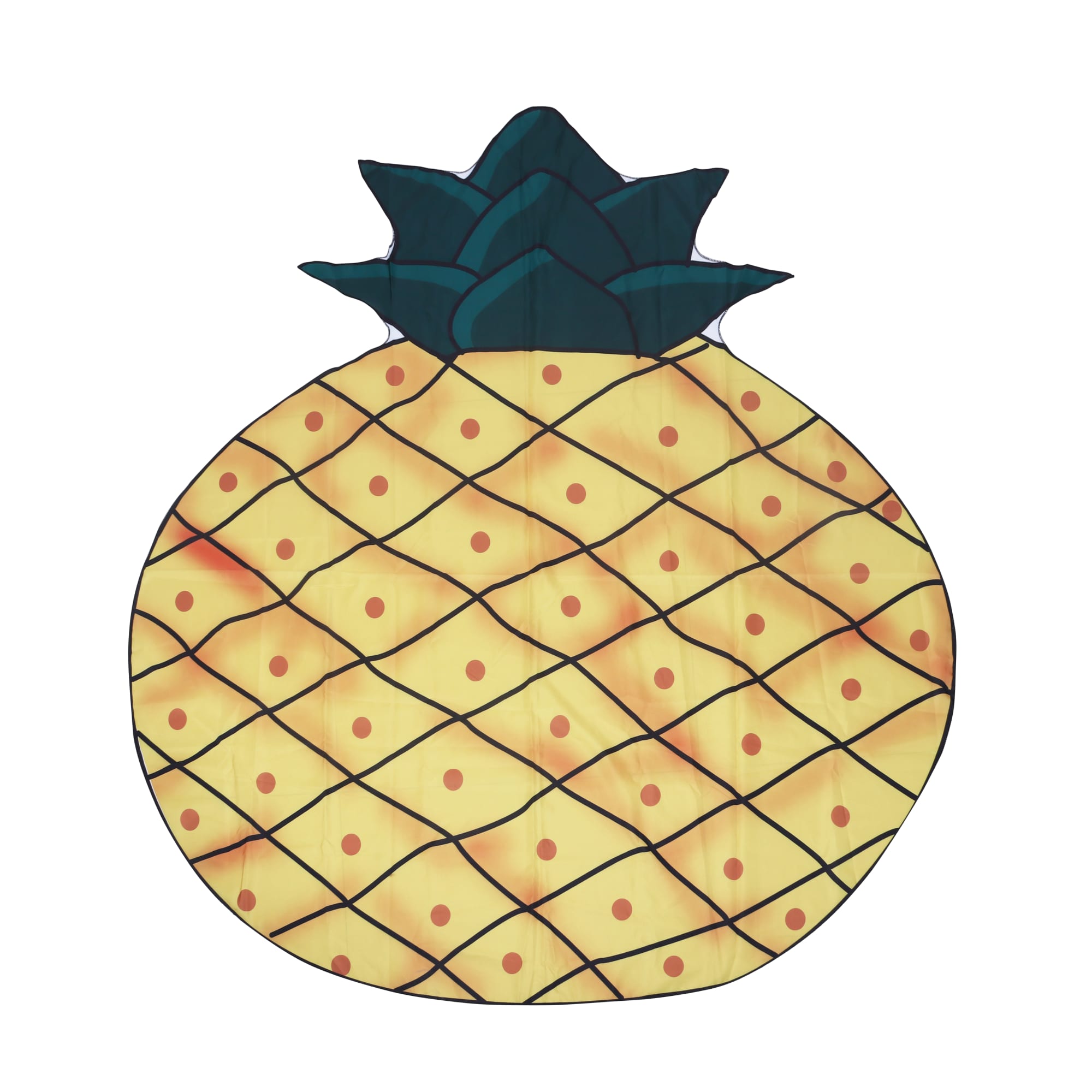 A custom-shaped beach towel in the design of a pineapple, featuring yellow, green, and brown colours. Custom Shaped Beach Towel (150x150cm) - Image 1