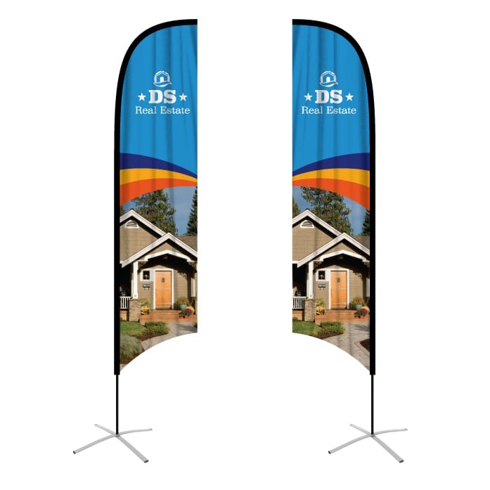 Two large concave feather banners in blue and orange featuring a house image and a logo at the top. Large(80.5*400cm) Concave Feather Banners 15ft - Image 1