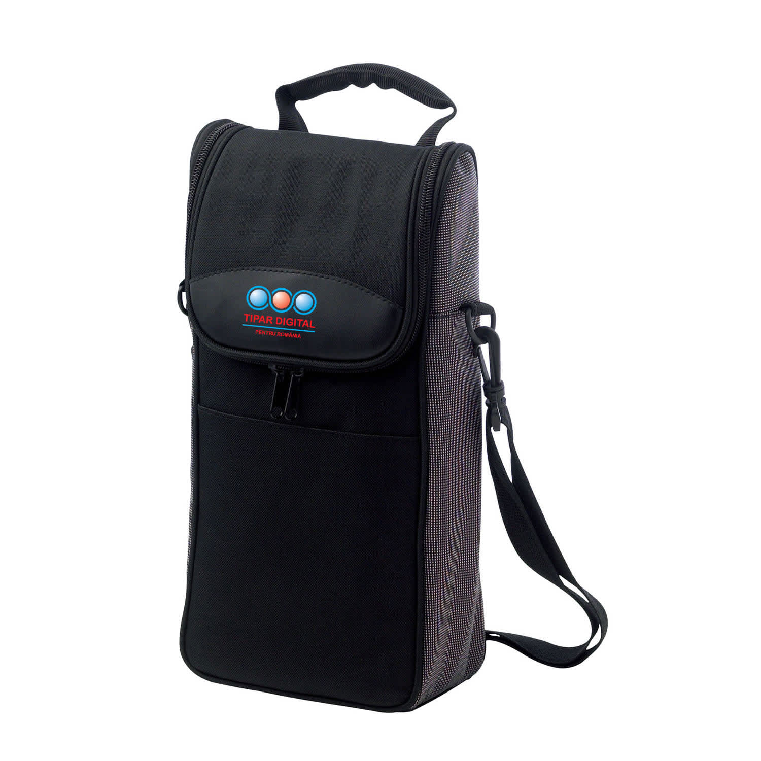 A drink bottle cooler bag in black, featuring a shoulder strap and a logo on the front. 2-Bottle Cooler Bag - Image 1