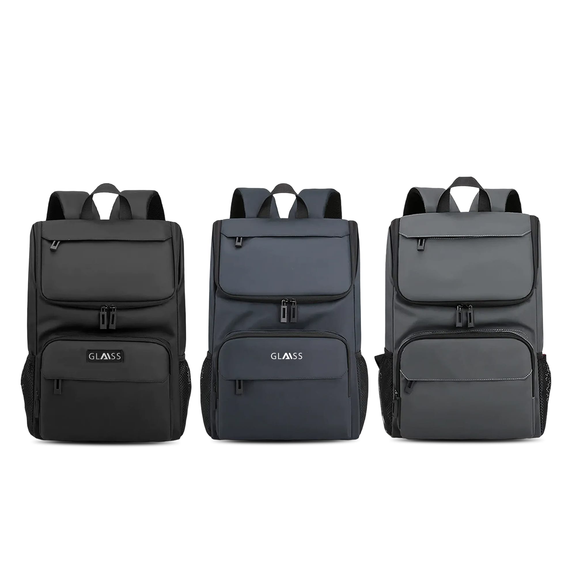 A sleek business laptop backpack in black, navy, and dark grey, featuring multiple pockets and a logo. Business Laptop Backpack - Image 1