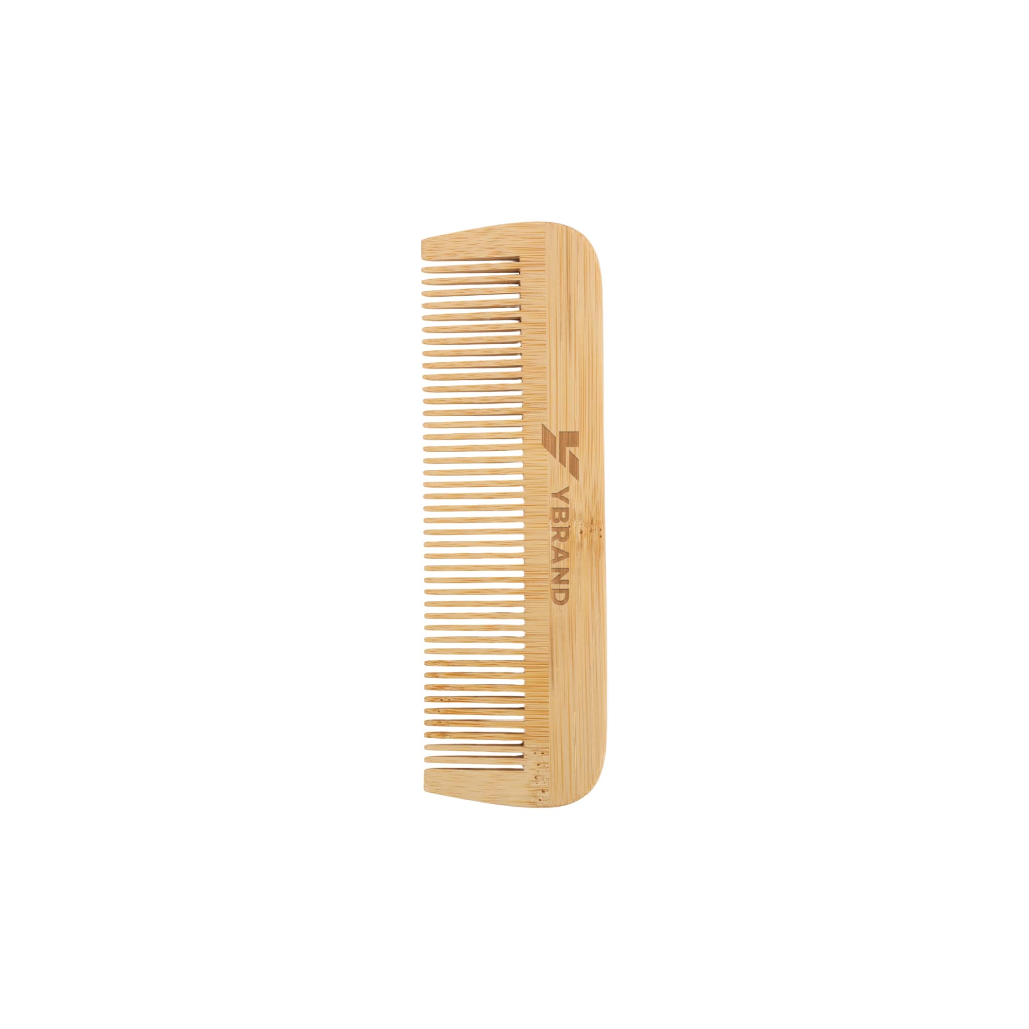 A fine-tooth bamboo comb in a natural finish with a logo on one side. The comb features evenly spaced teeth. Fine-Tooth Bamboo Small Comb - Image 1