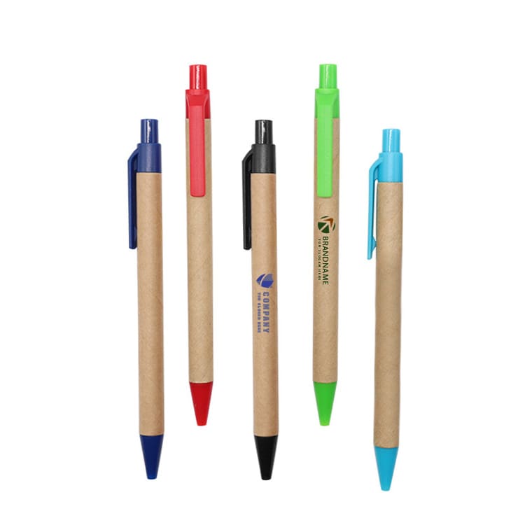 A collection of five plastic pens with kraft paper barrels in blue, black, red, green, and aqua colours, featuring logos. Kraft Paper Pen - Image 1