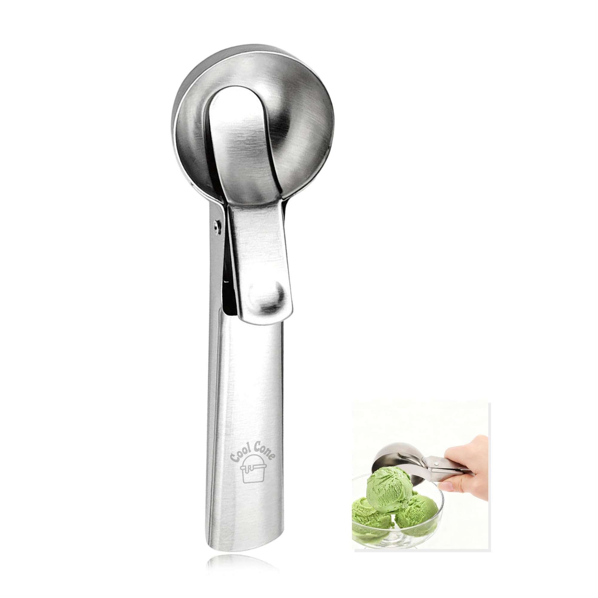 A stainless steel ice cream scoop with a lever mechanism, displayed beside a bowl of green ice cream. Easy Release Ice Cream Scoop - Image 1