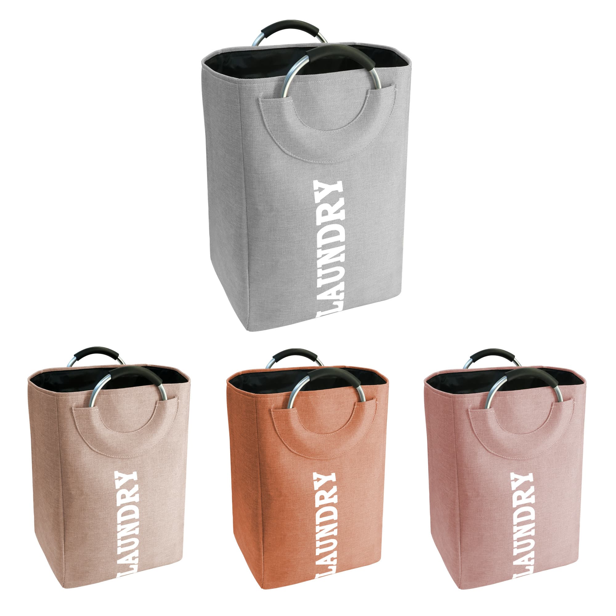 A laundry basket with a handle, available in grey, beige, and terracotta colours, featuring a branded logo. Laundry Basket With Handle - Image 1
