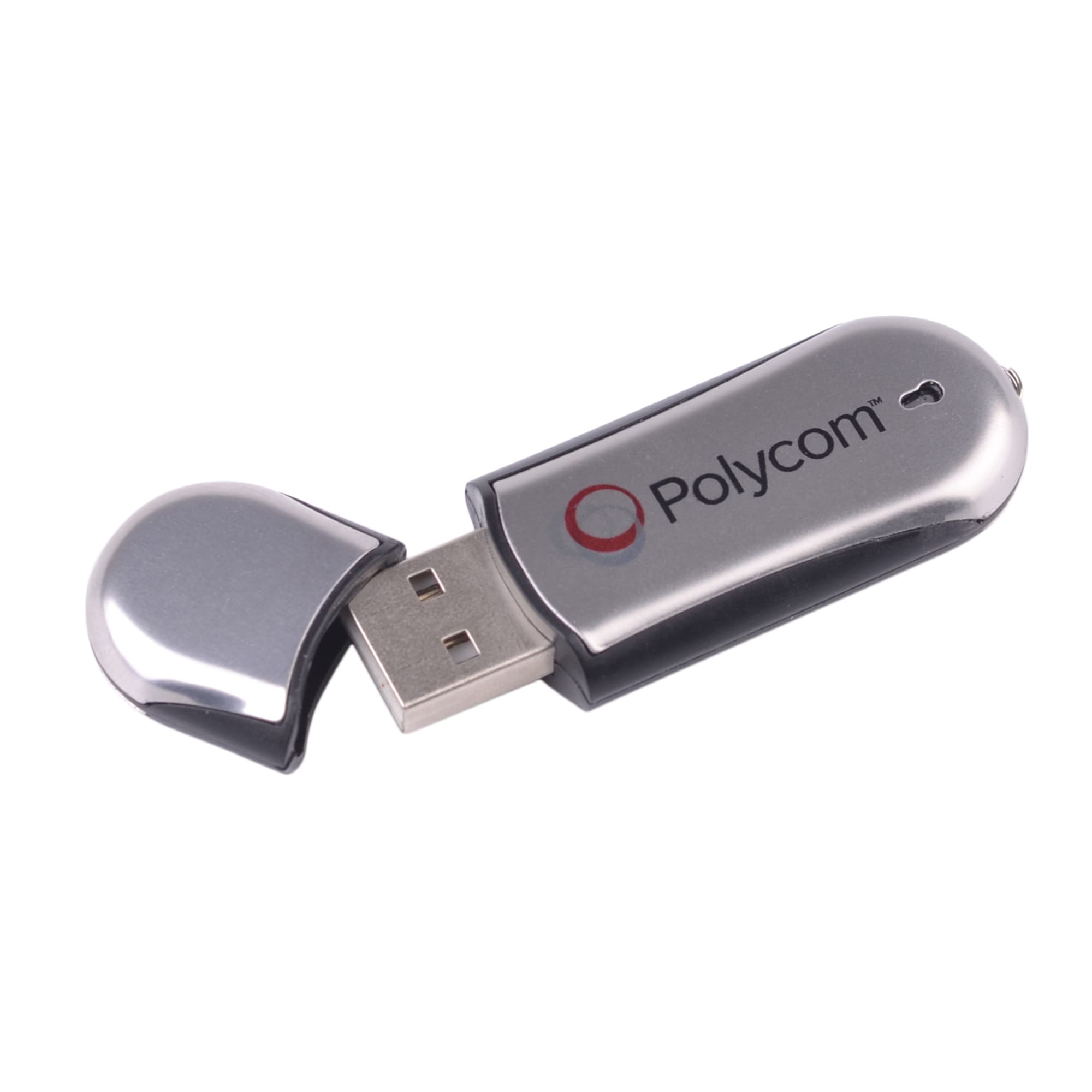 A silver and black USB flash drive with a cap, featuring a logo on the side. Universe Flash Drive - Image 1