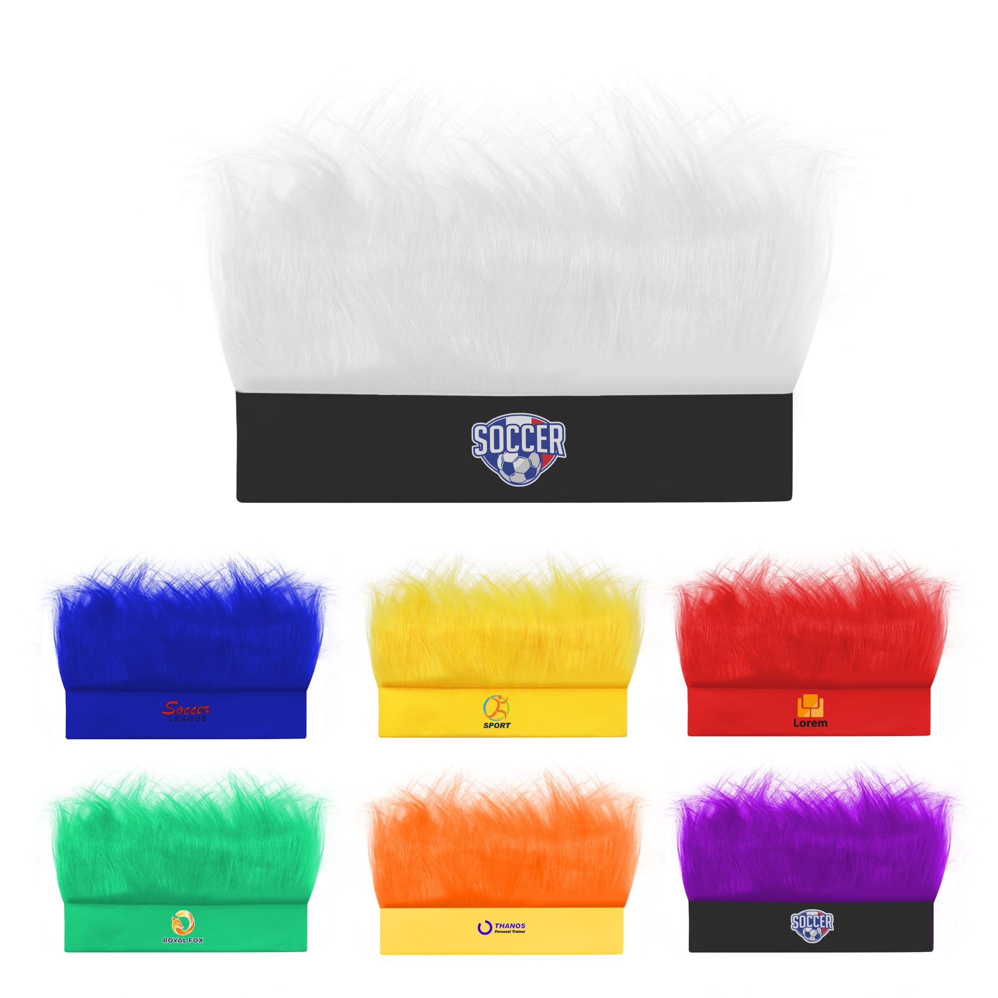 A set of colourful headband wigs in various shades, including white, blue, yellow, green, red, and purple, with logos. Solid Headband Wig - Image 1