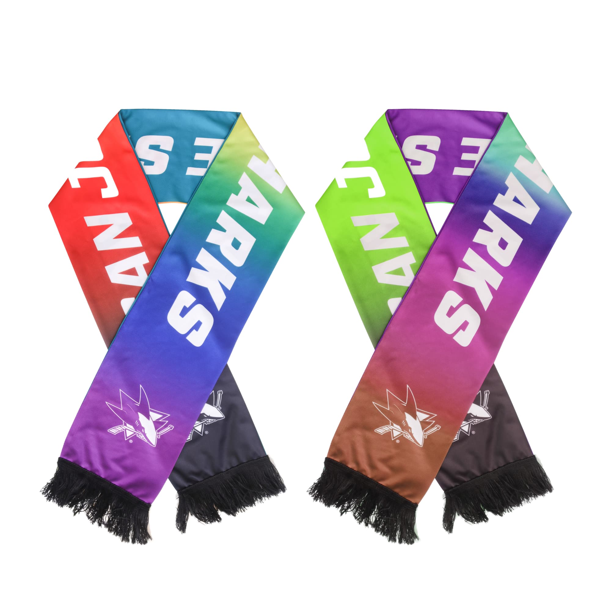 A colourful fabric scarf featuring a gradient design in red, green, purple, and black, with fringed ends and a logo. Recycled Mesh Fabric Scarf - Image 1