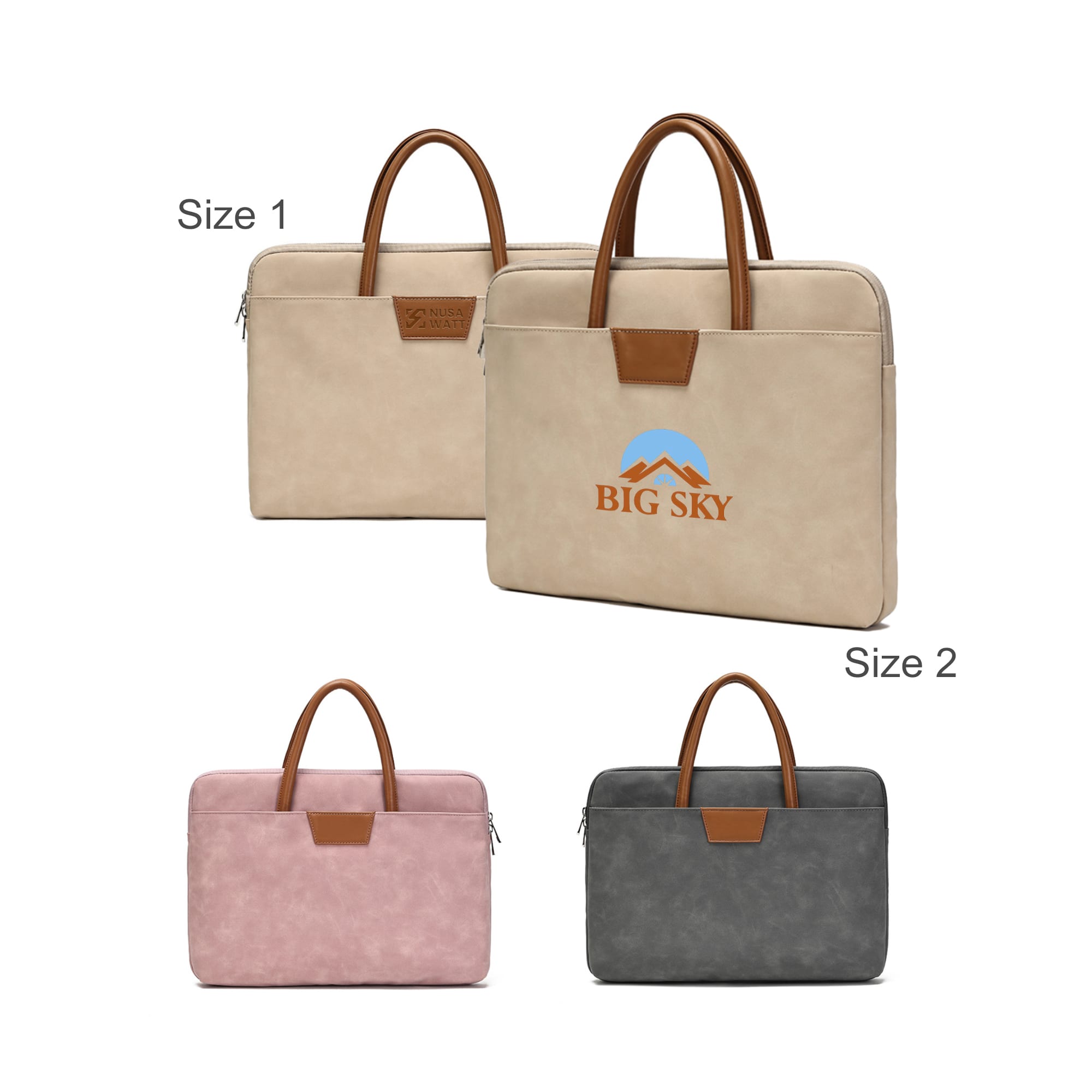 A suede PU leather laptop bag in beige, pink, and grey, featuring brown handles and a logo. Available in two sizes. Suede PU Leather Laptop Bag - Image 1
